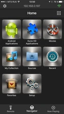 Dune Control home screen with media sources and navigation