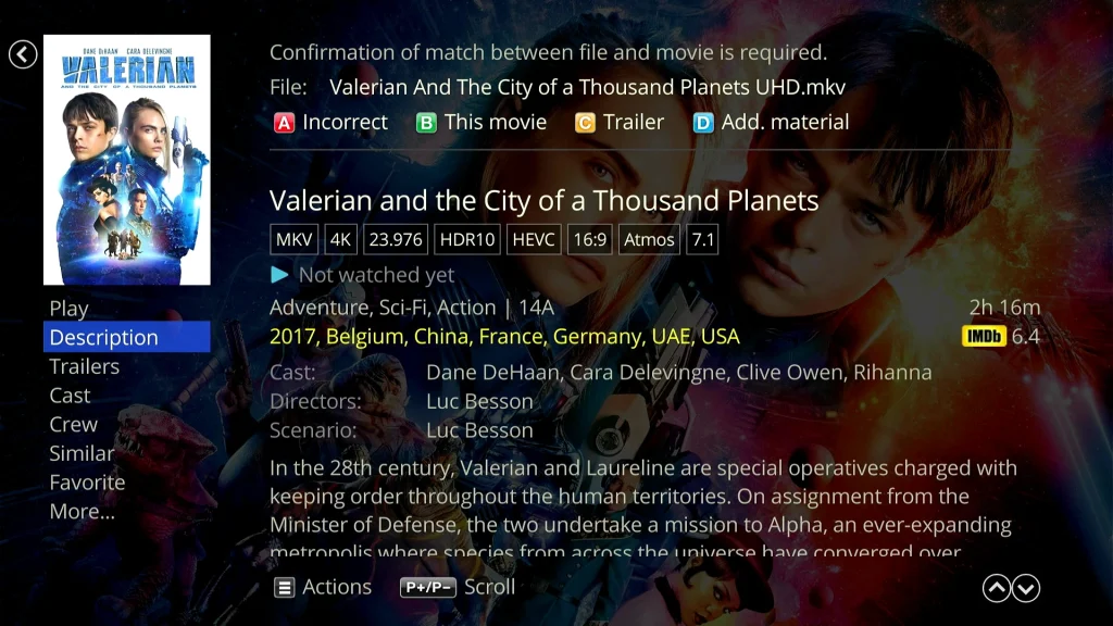 Dune HD file browser showing movie identification confirmation