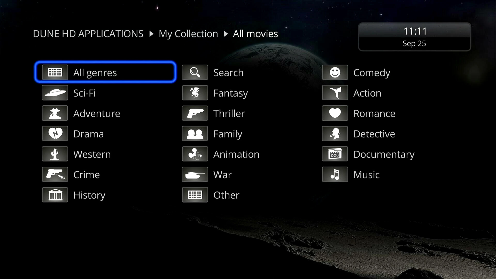 Dune HD My Collection menu with movie categories